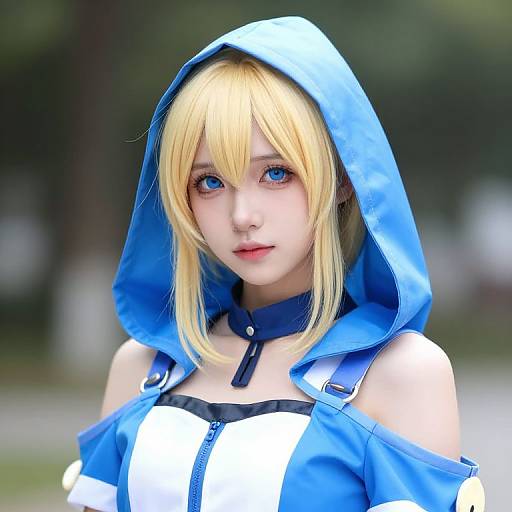 Blonde Girl in Blue Hooded Outfit