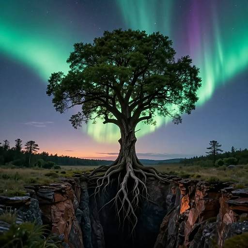 Aurora-lit Surreal Tree Chasm