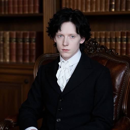 Photograph of pale-skinned, black-haired man with blue eyes, wearing a black coat and white cravat, seated in a wooden library with