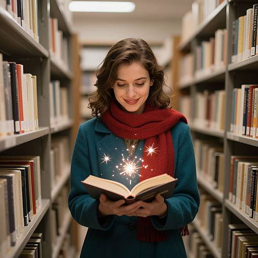 Photograph of a smiling woman with wavy brown hair, wearing a blue coat and red scarf, holding an open book with sparkles, standing in