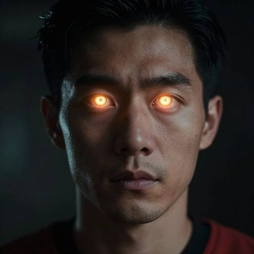 Photograph of a serious-looking man with glowing orange eyes in a dark background, wearing a red shirt, creating a supernatural effect.