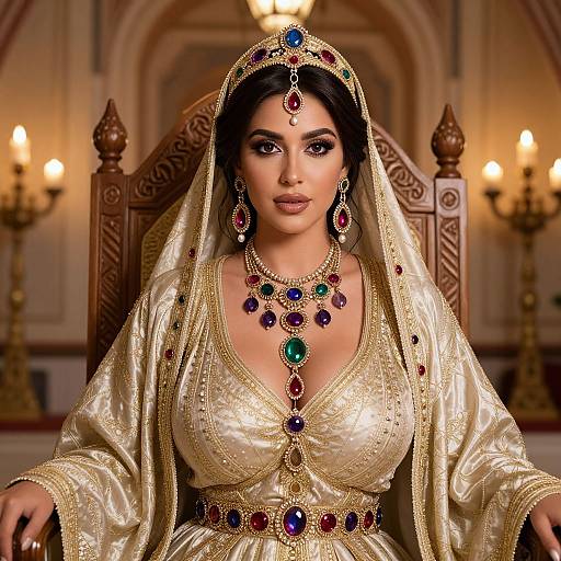 Photorealistic digital image of a dark-haired woman with medium skin tone in opulent, gold-embroidered traditional attire, adorned with colorful gem