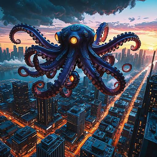 Gigantic Steampunk Octopus Over Futuristic City