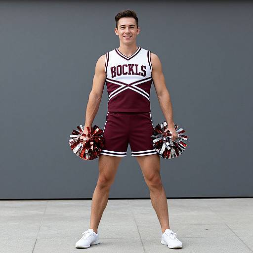Photograph of a muscular, young male cheerleader with short black hair, wearing maroon and white 
