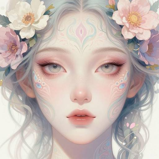 Digital painting of a fair-skinned, blue-eyed, ethereal woman with wavy blue hair, adorned with pink and white flowers, featuring delicate facial
