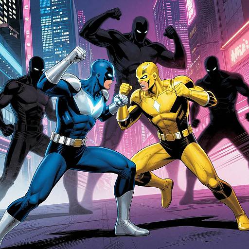 Digital art of a dynamic fight between a blue and white masked superhero and a yellow masked superhero in a neon-lit city at night, with shadowy