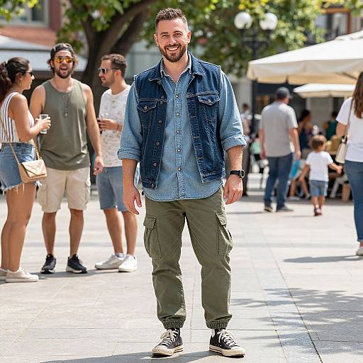 Photograph of a smiling, bearded man in a denim vest, blue shirt, and olive cargo pants, standing on a sunny street with blurred pedestrians