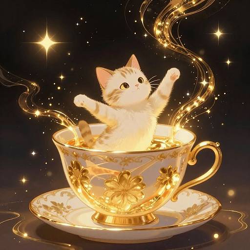 Digital art of a glowing, cute white kitten with raised paws, sitting in an ornate, golden teacup filled with light, surrounded by