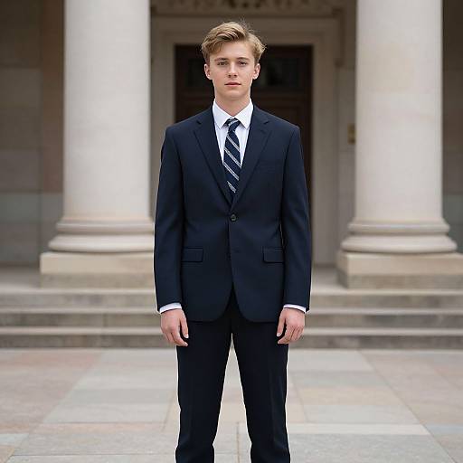 Photograph of a young Caucasian boy with blond hair, wearing a black suit, white shirt, and striped tie, standing in front of a columned