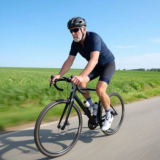 Photograph of a middle-aged man with a beard, wearing a black helmet, sunglasses, and cycling gear, riding a black road bike on a sunny