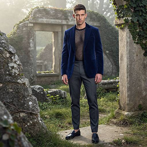 Photograph of a handsome, young man in a dark blue velvet blazer, black patterned shirt, gray trousers, and black loafers, standing