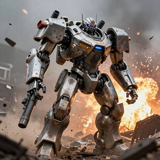 Photorealistic CGI of a silver, robotic mecha with blue glowing eyes, firing a cannon amidst a fiery explosion in a ruined urban landscape.