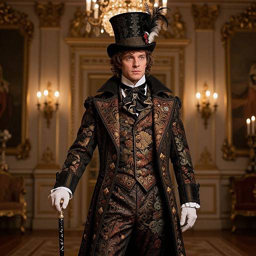 Regal photograph of a young man in an ornate, black Victorian coat with intricate gold patterns, top hat with feather, white gloves, holding a