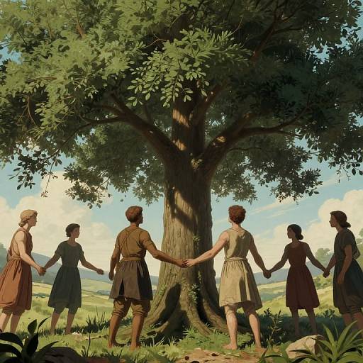 Digital painting of six children holding hands, standing before a large tree in a sunny, grassy landscape, with blue sky and distant hills.