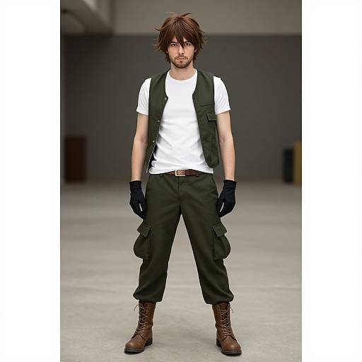 Photograph of a brown-haired, bearded man in a white t-shirt, green vest, black gloves, cargo pants, and brown boots, standing