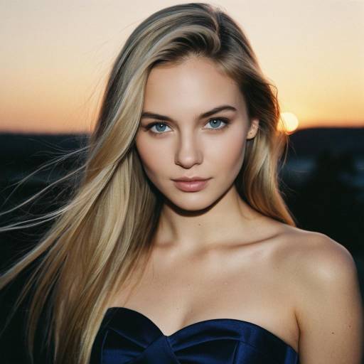 Young Woman at Sunset in Navy Blue Dress