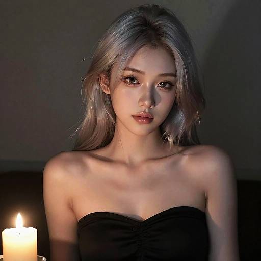 Photograph of an Asian woman with long, silver-blonde hair, wearing a strapless black dress, illuminated by a single candle in a dim