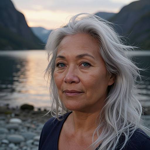 Photograph of a middle-aged woman with white hair, blue eyes, and fair skin, standing by a calm lake at sunset, surrounded by rocky shoreline