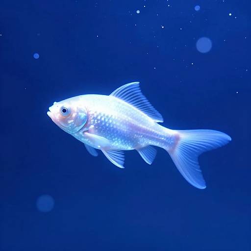 Photograph of a glowing, white, bioluminescent fish with blue-tinted fins and tail, swimming in a deep blue underwater background.