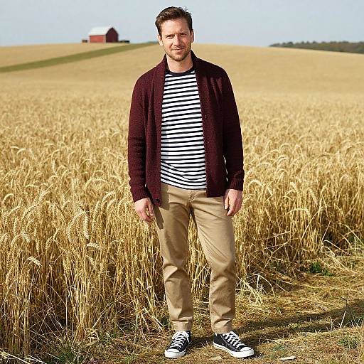 Photograph of a smiling man in striped shirt, black cardigan, beige pants, and black sneakers standing in a golden wheat field with a distant red