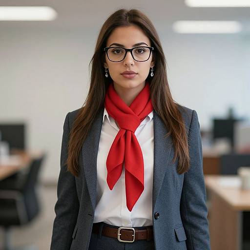Photograph of a serious-looking woman with long brown hair, black-rimmed glasses, wearing a dark blue suit, white shirt, and vibrant red