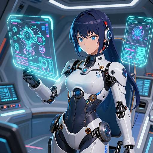 Digital anime-style artwork of a blue-eyed, black-haired woman in a white and black futuristic bodysuit, holding glowing holographic screens in a high