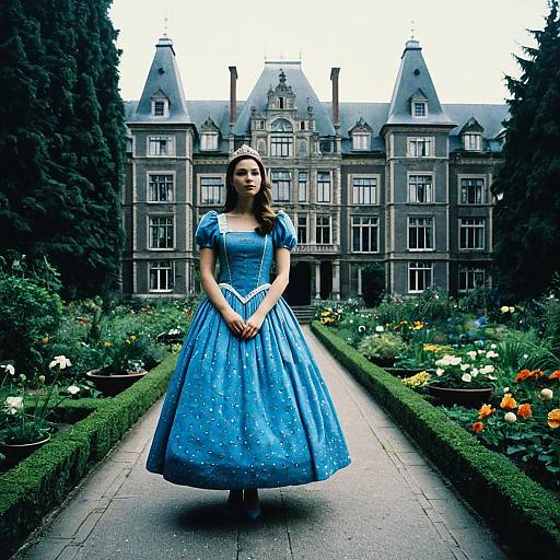 Photograph of a young woman in a blue, sparkling Cinderella-style dress, standing in front of a grand, gothic-style mansion surrounded by a