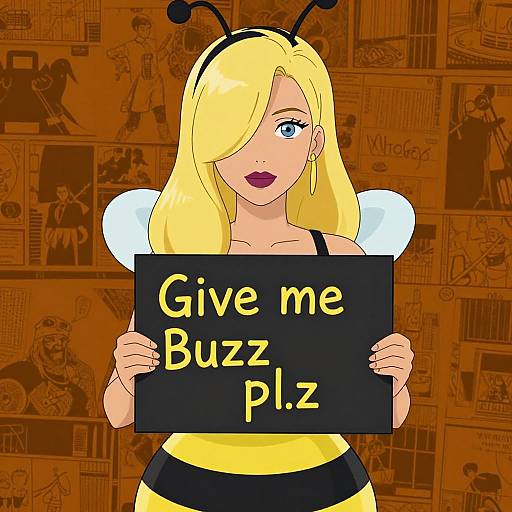 Digital drawing of a blonde, blue-eyed woman with bee antennae, wings, and yellow-black bee costume, holding a sign reading 