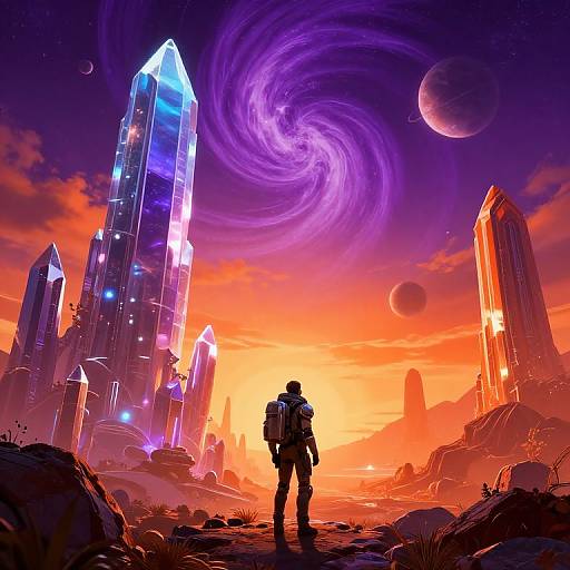 Digital art: Silhouetted figure stands in vibrant, futuristic landscape with glowing crystal towers, swirling purple vortex, and orange-red sky, surrounded by