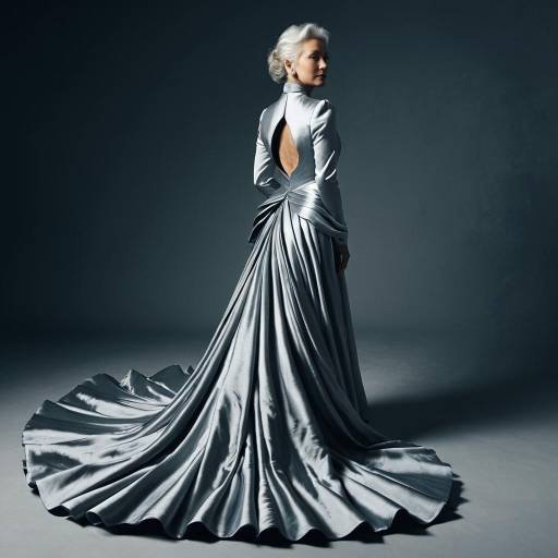 Elderly woman in silver satin gown with dramatic train