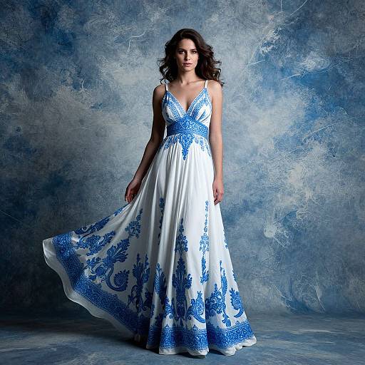 Elegant Woman in Flowing Blue Dress