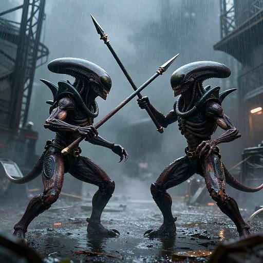 Alien Creatures Battle in Rainy Industrial Scene