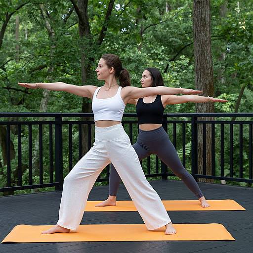 Photograph of two women practicing yoga outdoors on orange mats, one in white attire, one in black, with forest background.