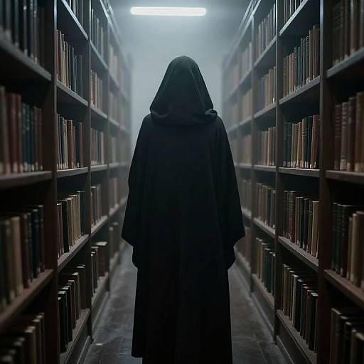 Cloaked Figure Among Misty Books