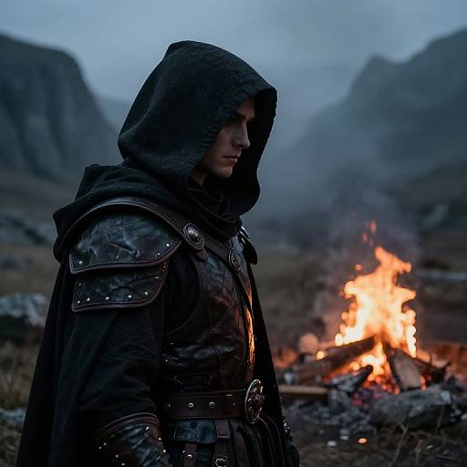 Photograph of a hooded, armored warrior in dark, rugged attire standing beside a bright, orange campfire in a misty mountainous landscape at