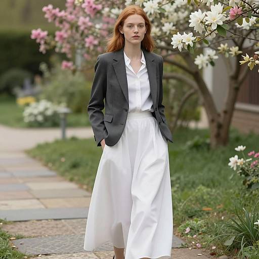 Woman in Gown Suit Standing in Blooming Garden