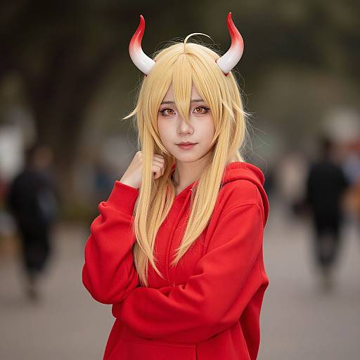 Photograph of a young woman with long blonde hair, red horns, and red hoodie, standing in a blurred outdoor urban setting.