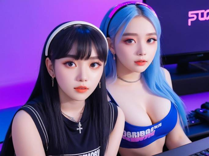 Two Young Women in Neon-lit Room