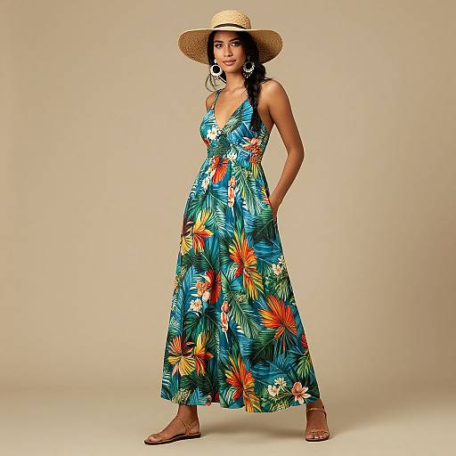 Photograph of a smiling woman with dark skin and curly hair, wearing a straw hat, colorful floral sundress, and brown sandals, against a plain