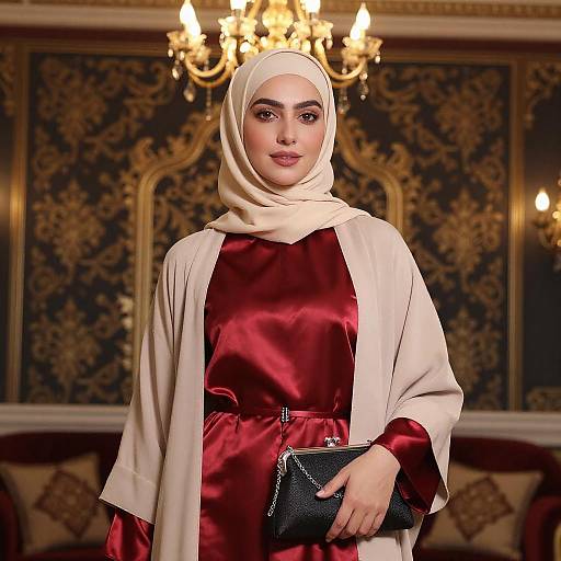 Elegant Woman in Red Satin Dress