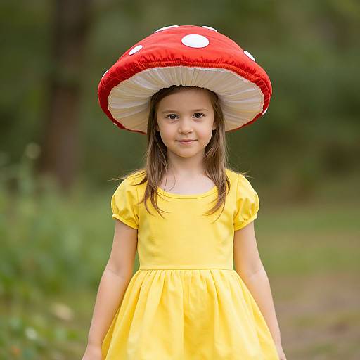Photograph of a young girl with light brown hair wearing a yellow dress and a large red mushroom hat with white spots, standing in a green forest background