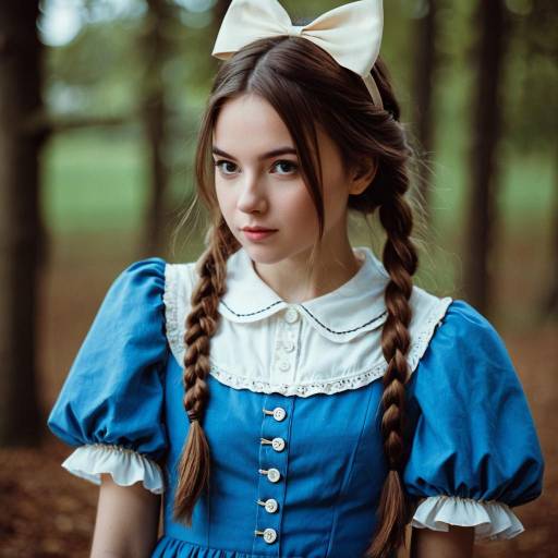 Young Woman in Blue Vintage Dress with Braided Hair