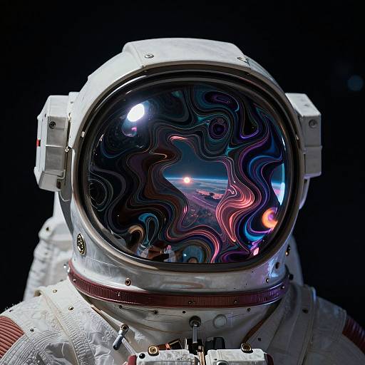 Photograph of an astronaut's helmet with a reflective visor displaying colorful, swirling patterns, set against a black background.