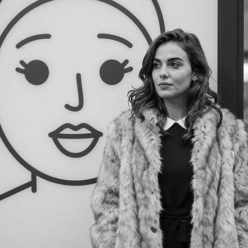 Woman in Fur Coat with Cartoon Face Background