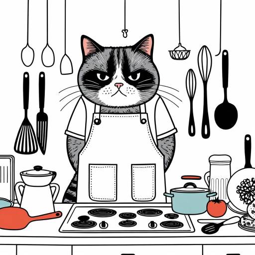 Grumpy Cat Chef in Quirky Kitchen Illustration