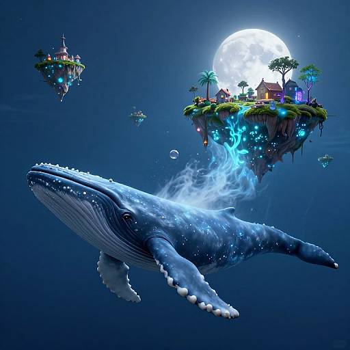 Fantastical CGI scene: large blue whale swims beneath glowing floating islands with colorful houses and trees, illuminated by a bright full moon.