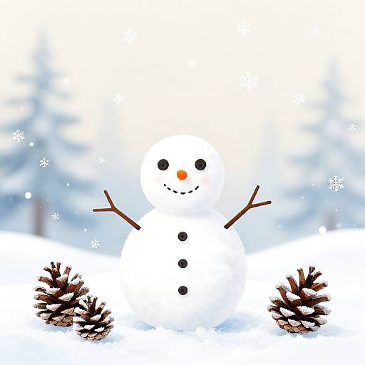 Photograph of a cheerful snowman with black dots for eyes, an orange carrot nose, black buttons, and twig arms, standing in a snowy landscape