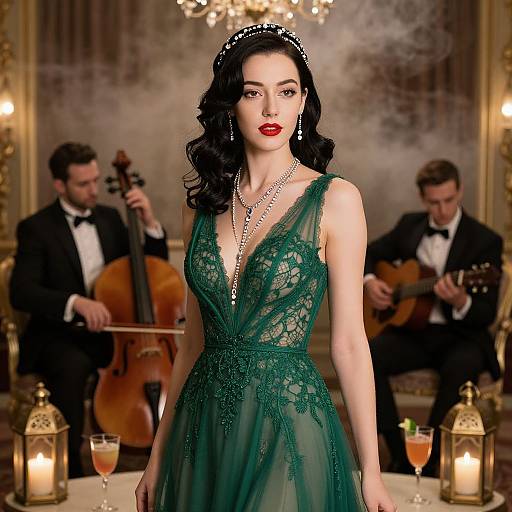 Elegant photograph of a fair-skinned woman with red lips, wearing a deep green lace dress and tiara, standing in a luxurious room with two