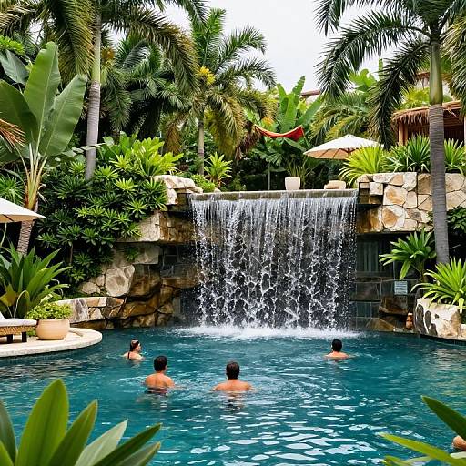 Photograph of three men swimming in a tropical resort pool with a cascading waterfall, surrounded by lush palm trees and greenery.