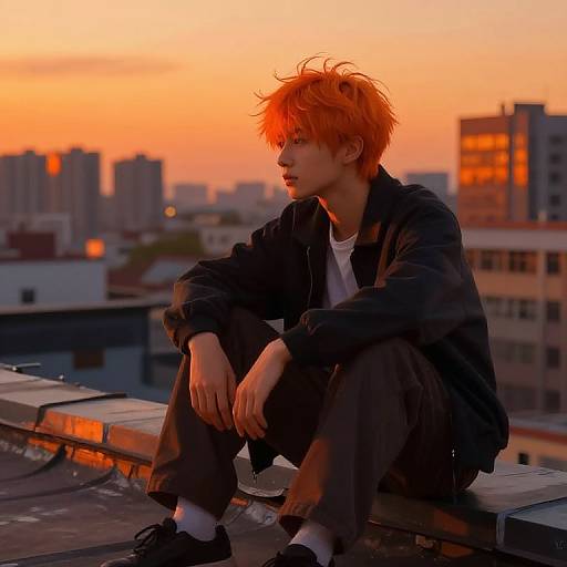 Photograph of a young man with spiky orange hair, wearing a black jacket and dark pants, sitting on a rooftop at sunset, cityscape with